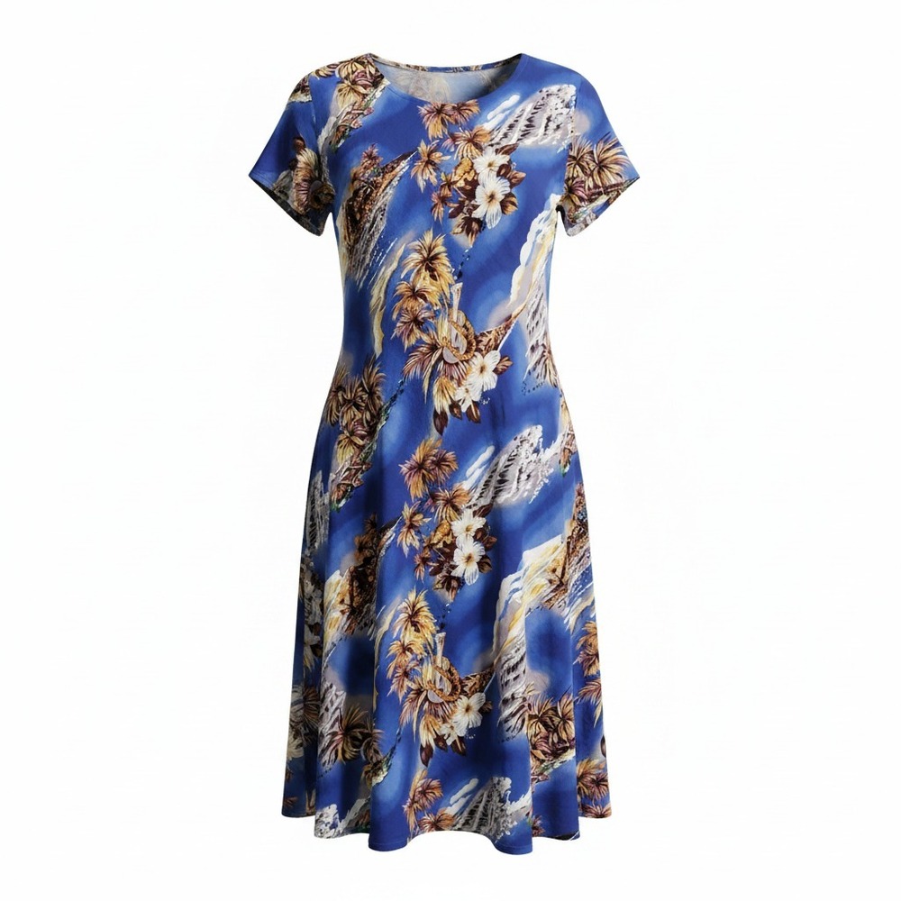 Vtg Hilo Hattie Hawaiian Original Dress XS‎ Blue Palm Tree Luau Tiki Beachy USA